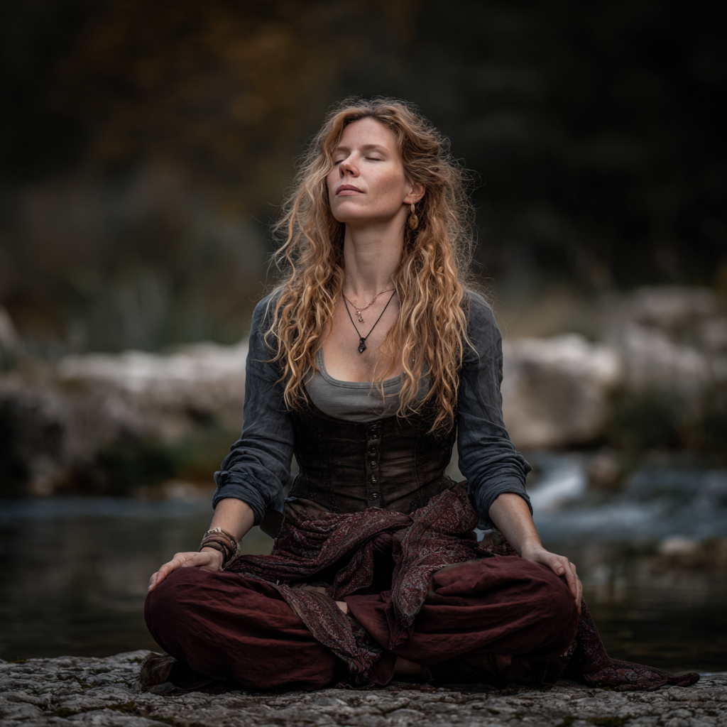 Idősebb magyar hölgy meditációban, nyugodt arckifejezéssel, természetes környezetben